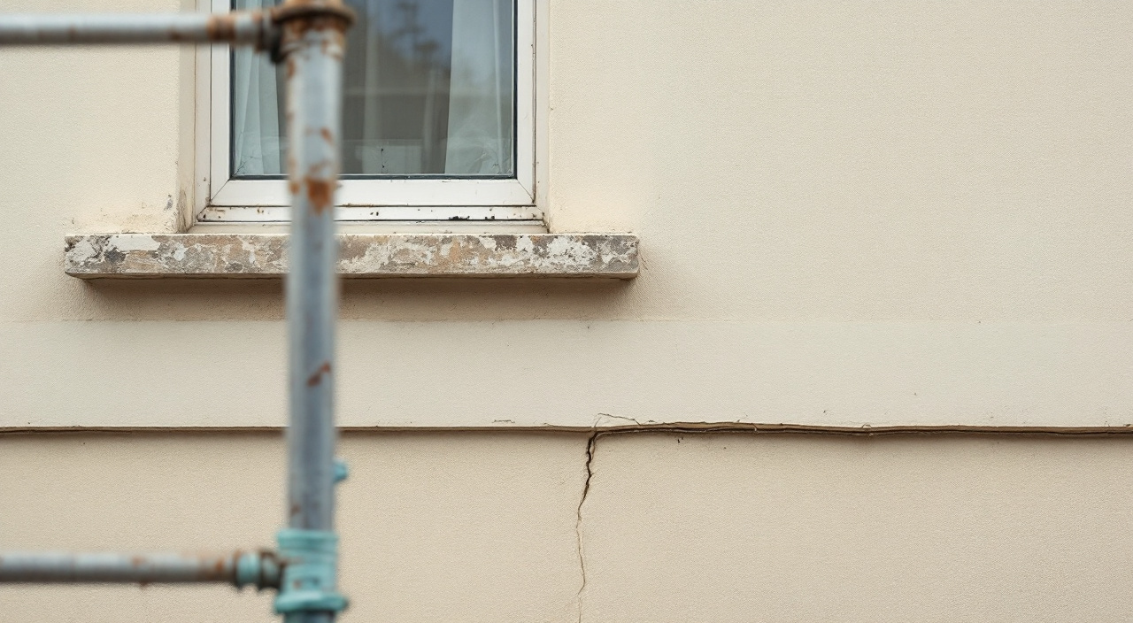 Façade enduite fissurée sous un appui de fenêtre, montant d'échafaudage au premier plan