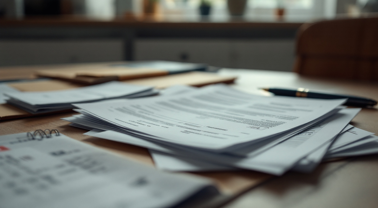 Table de cuisine couverte de documents de chantier : procès-verbal agrafé, factures, récépissé de recommandé et calendrier de bureau