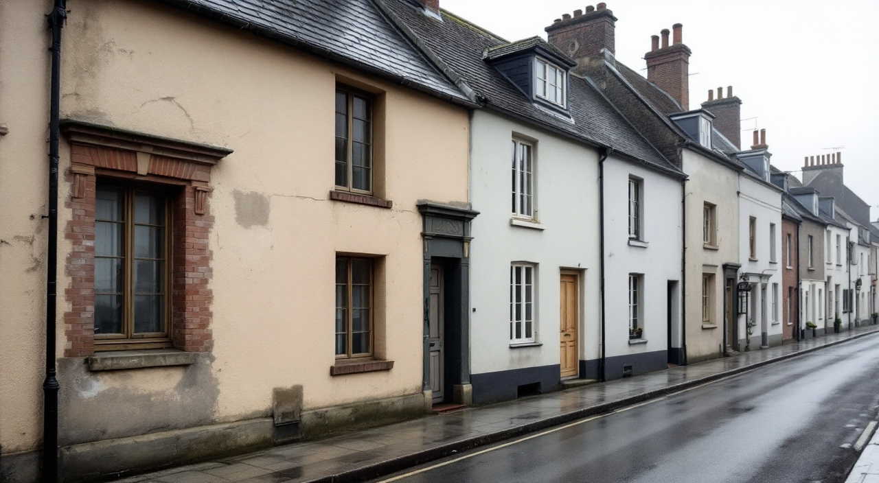 Rue de bourg normand avec un alignement continu de façades enduites, dont une façade ancienne au crépi usé près d'un encadrement de brique.