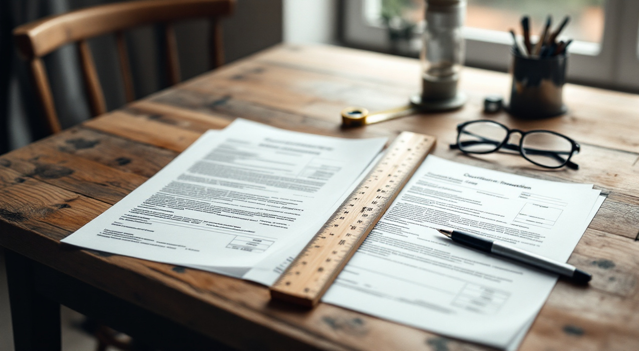 Trois devis de ravalement étalés sur une table en bois, avec un mètre ruban et un mètre pliant posés dessus