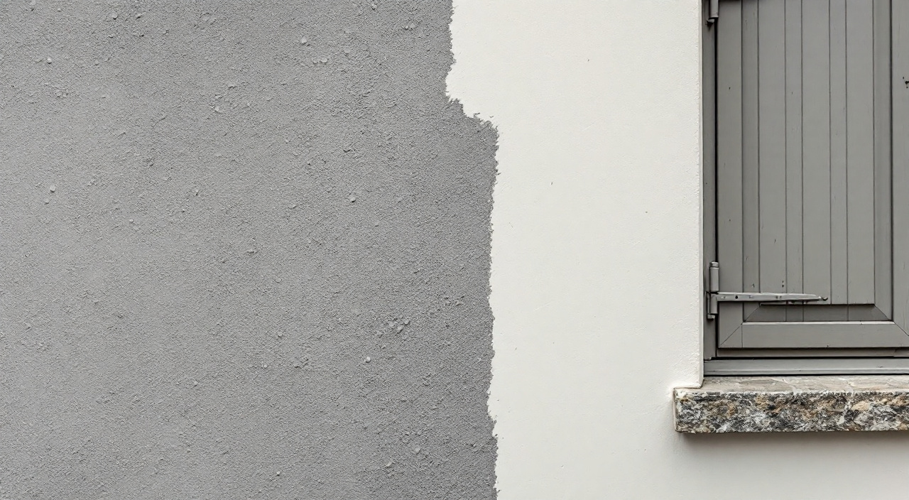 Mur de façade en enduit dont une moitié est décapée et l'autre recouverte d'une peinture crème fraîche