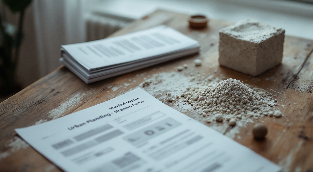 Formulaire d'urbanisme posé sur une table en bois à côté d'un échantillon d'enduit gratté