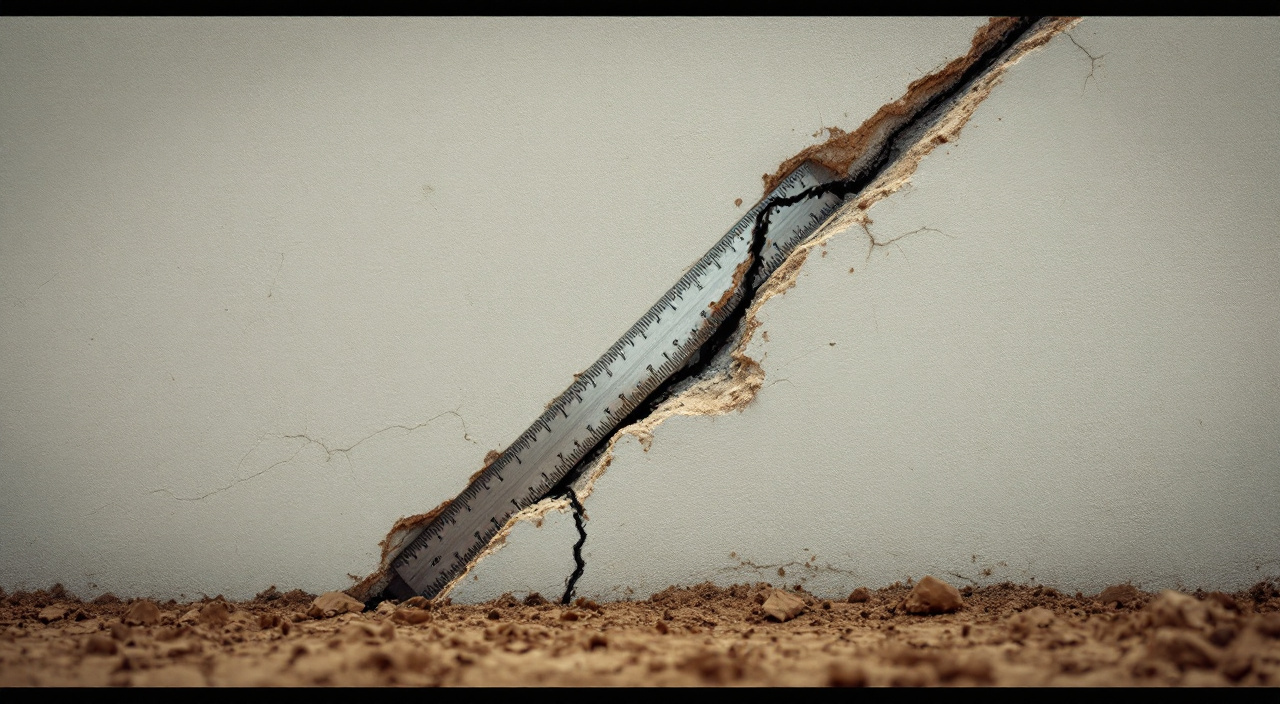 Fissure en escalier partant de l'angle d'une fenêtre sur une façade enduite, sol argileux craquelé au pied du mur
