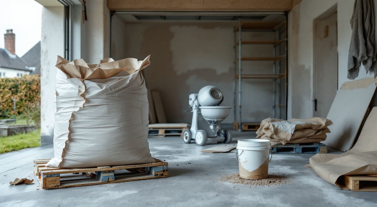 Palette de sacs d'enduit stockée dans un garage, film plastique déchiré et angle de sac humide au contact du sol