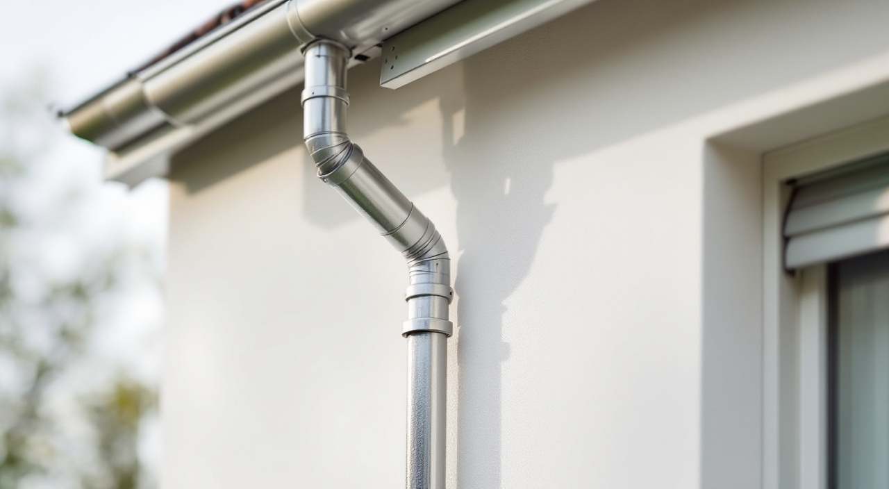 Détail de façade enduite avec gouttière en zinc sur crochets, descente d'eau fixée par colliers et coffre de volet roulant au-dessus d'une fenêtre