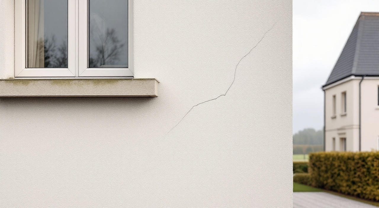 Façade enduite d'un pavillon récent avec faïençage, fissure fine à l'angle d'une fenêtre et coulures sous l'appui