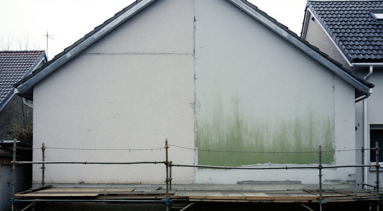 Pignon d'un pavillon des années 1970 en cours d'isolation par l'extérieur, panneaux isolants posés sur une partie du mur, ancien enduit ciment visible sur l'autre