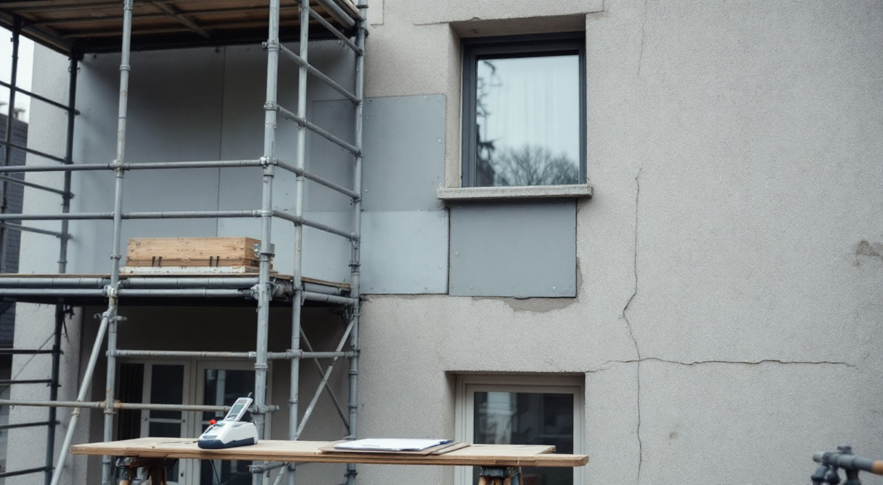 Façade d'immeuble en cours d'isolation extérieure, panneaux fixés par chevilles à collerette et échafaudage partiel