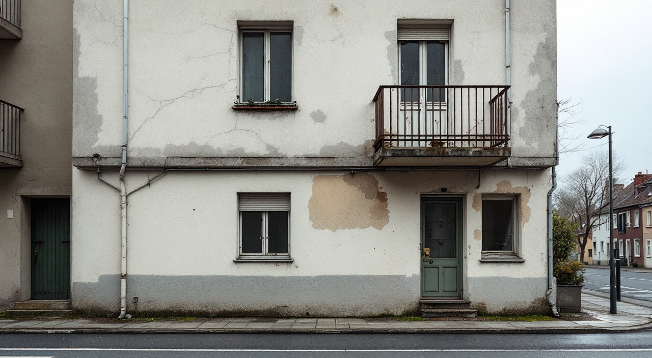 Façade d'immeuble en copropriété présentant fissures, décollement d'enduit et traces de ruissellement sous une descente d'eaux pluviales