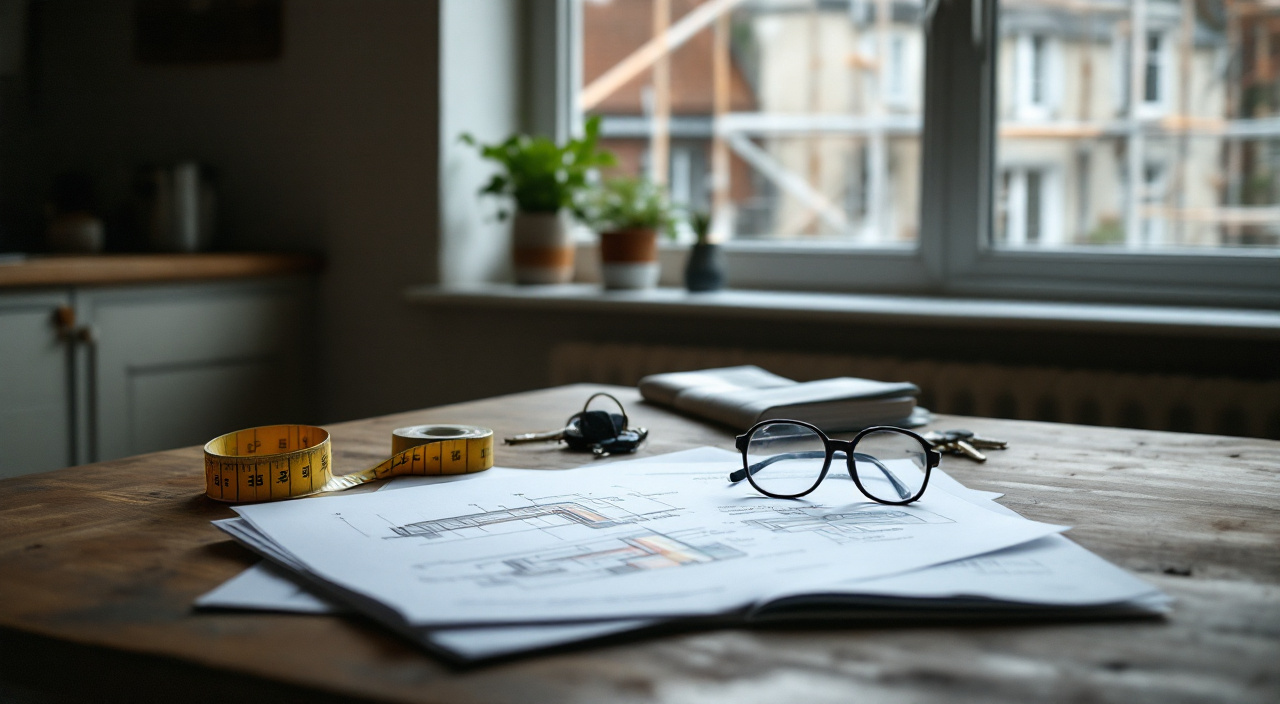 Table de cuisine avec un rapport d'audit énergétique ouvert, un mètre ruban et des clés, devant une fenêtre donnant sur une façade en travaux