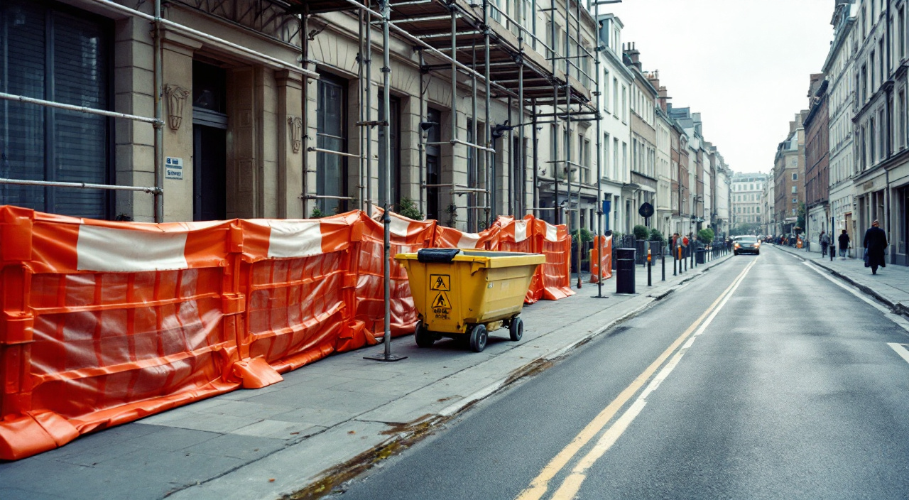 Trottoir occupé par une emprise de chantier de façade avec barrières, pieds d'échafaudage et benne