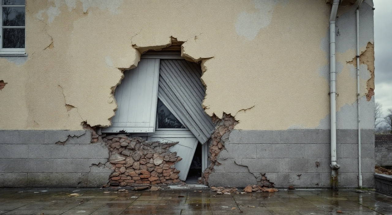 Façade dont l'enduit a été arraché par une tempête, débris au sol et descente d'eau arrachée