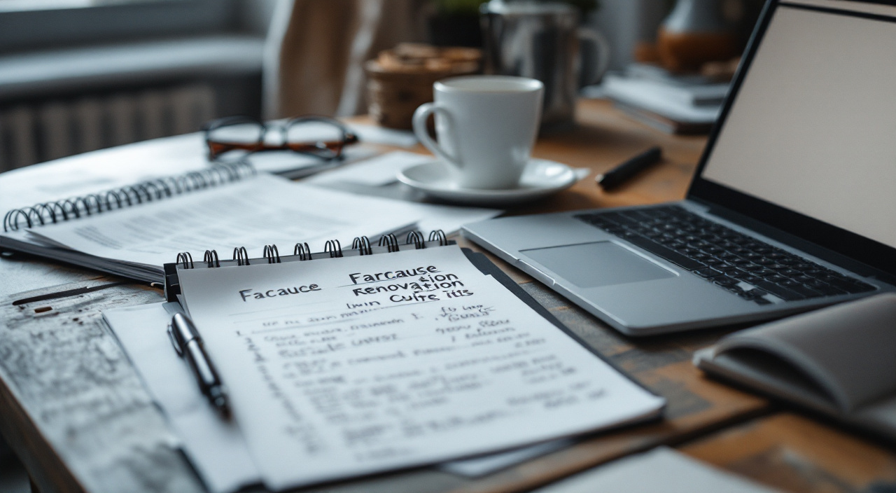 Table de cuisine avec un devis de ravalement imprimé, un carnet de notes annoté, des lunettes et un ordinateur portable ouvert