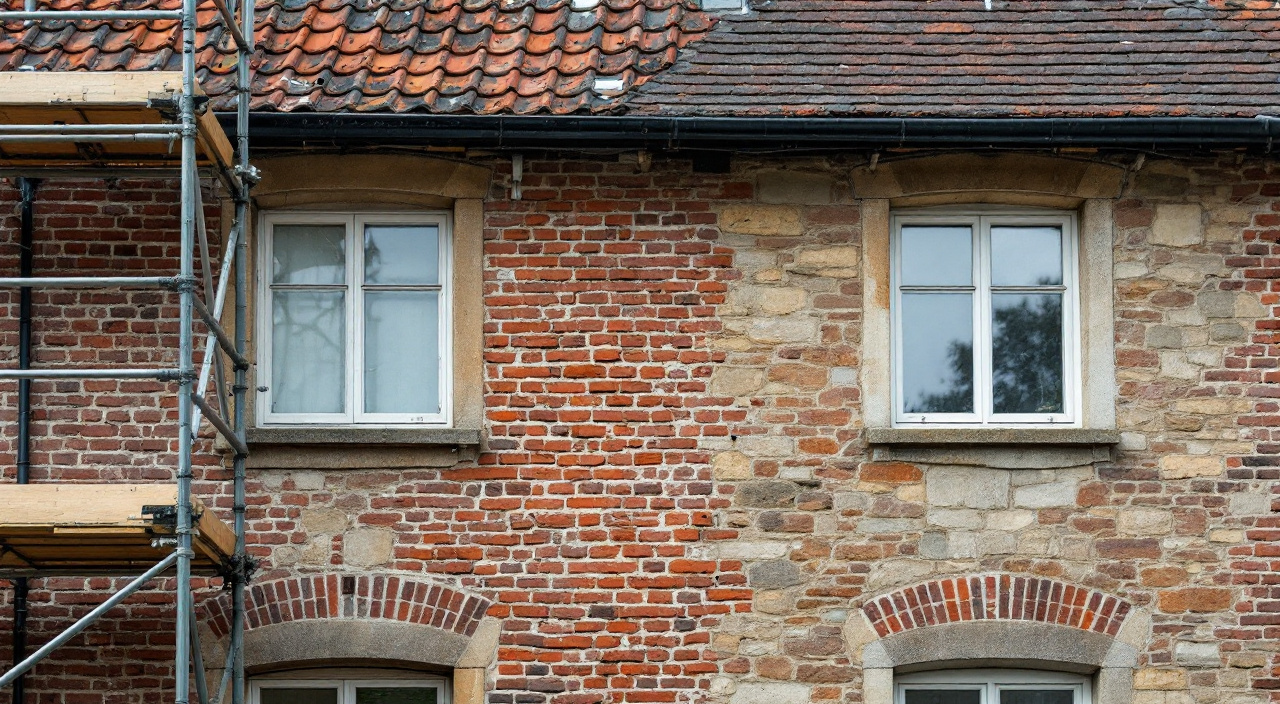 Façade normande en damier de brique, silex et grison, partiellement rejointoyée sous un échafaudage, avec gouttière en zinc neuve